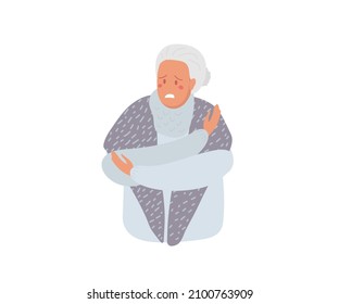 Suffering from cold. Senior woman escapes from cold, hugs herself with her hands, trying to keep warm. Mature lady wears warm shawl or winter handkerchief. Flat vector illustration.