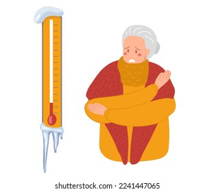 Suffering from cold. Senior woman looking with anger at thermometer from which icicle hangs and trying to keep warm with warm clothe,s warm shawl or winter handkerchief. Flat vector illustration.