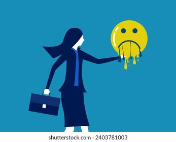 Suffering disappears. Businesswoman holds a melting sad face icon