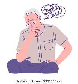 suffering elderly man with thoughtful pose vector illustration. retirement concept.