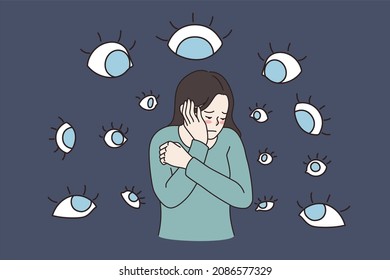 Suffering from evil eyes concept. Sad depressed ashamed girl standing touching her face feeling influence and public attitude and opinion vector illustration 