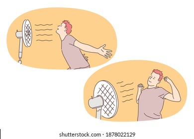 Suffering from heat concept. Young smiling boy cartoon character standing and catching air flows and fresh wind from electrical fan in room indoors vector illustration 