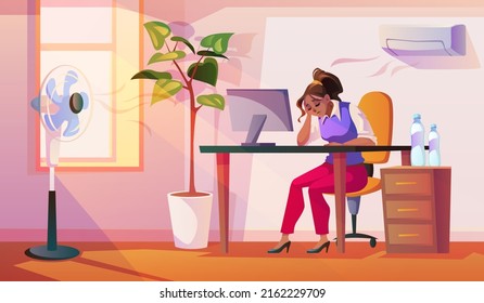 Suffering From Heat. Funny Woman Sits At Workplace Under Air Conditioner With Fan, High Temperature, Office Cooling, Heat Stroke Indoors, Summer Time Season Vector Cartoon Flat Concept