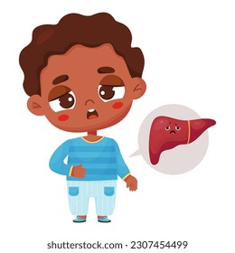 Suffering ill black ethnic boy keeps his hand on his belly. Sad organ character liver. Vector illustration in cartoon style. Kids collection of design and decoration of medical anatomical themes