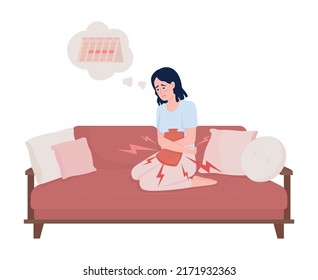 Suffering lady with heating pad for cramps semi flat color vector character. Editable figure. Full body person on white. Simple cartoon style illustration for web graphic design and animation