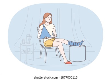 Suffering from pain in muscles, joints, injuries concept. Young unhappy woman cartoon character sitting with broken leg and arm and feeing ill at home. Trauma, chronic illness, inflammation 