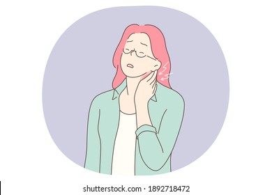 Suffering from pain in muscles, joints, injuries concept. Young unhappy woman cartoon character standing and touching painful neck with hand feeling strong pain. Trauma, chronic illness, inflammation