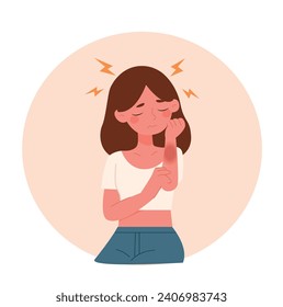 Suffering from pain in muscles, joints, injuries concept. Young unhappy woman cartoon character standing and holding painful palm feeling strong pain. 