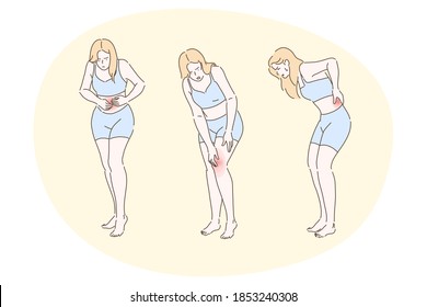 Suffering from pain in muscles, joints, injury, ache, disease concept. Young unhappy woman cartoon character feeling strong pain in stomach, knee and back. Trauma, chronic illness, inflammation 