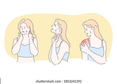 Suffering from pain in muscles, joints, injury, ache, disease concept. Young unhappy woman cartoon character feeling strong pain in neck, shoulder, throat crying of feelings. Trauma, chronic illness