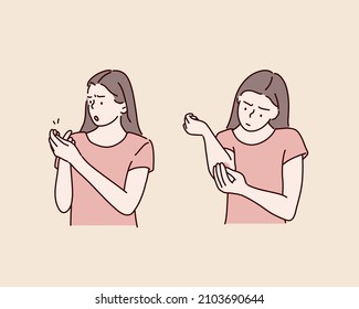 Sufriendo dolor en manos y dedos. la mujer siente dolor en el codo. Ilustraciones de diseño vectorial de estilo dibujado a mano.