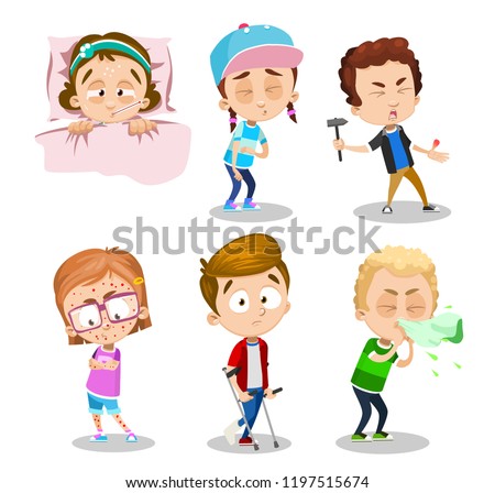 Suffering patients with different illnesses. Stomach ache, chickenpox bubble rash, runny nose and fever. Sick children with various symptoms. Boy with injured thumb and broken leg vector illustration
