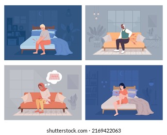 Suffering from persistent pain flat color vector illustration set. Menstrual cramps. Night knee pain. Lower backache. Fully editable 2D simple cartoon character collection with interior on background