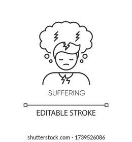 Suffering pixel perfect linear icon. Anxiety disorder. Depression symptom. Feeling of pain. Thin line customizable illustration. Contour symbol. Vector isolated outline drawing. Editable stroke