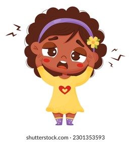 Suffering sick black girl. Ethnic girl holding hands behind her head. Headache, migraine. Vector illustration. Sad female kid character in cartoon style .