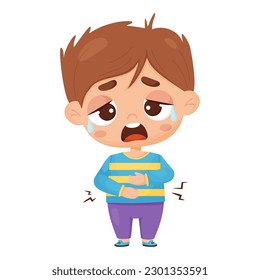 Suffering sick boy. Child is crying and holding his stomach. Pain in the stomach and abdomen. Vector illustration. Sad male kid character in cartoon style.