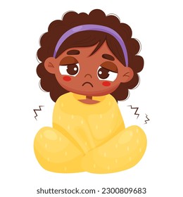 Suffering sick ethnic girl wrapped in blanket shivering. Vector illustration in cartoon style. Sad black child girl character.