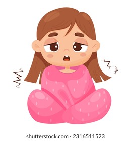 Suffering sick girl wrapped in blanket. Vector illustration in cartoon style. Sad child girl character.