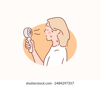 Sufriendo golpe de la ola de calor del verano, Clima caliente, mujer joven cansada, sudorosa y sedienta. Ilustraciones de diseño de Vector dibujado a mano.