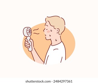 Sufriendo golpe de calor de verano, Clima caliente, hombre cansado, sudoroso y sediento. Ilustraciones de diseño de Vector dibujado a mano.