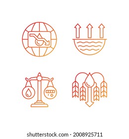 Suffering from water shortage gradient linear vector icons set. Evaporation. Reuse, recycling. Crop shortage. Thin line contour symbols bundle. Isolated vector outline illustrations collection