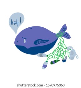 Suffering whale and trash in a dirty ocean. It asks about help. There are plastic and glass bottles,  bags, fishing nets, tin . Ecological poster. Environmental Protection concept. Vector illustration