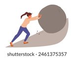 Suffering woman suffers from overload pushing large stone uphill, for concept of huge problems. Girl in need of help and experiencing discomfort from overload caused by complex work tasks