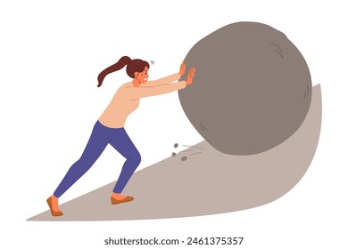 Suffering woman suffers from overload pushing large stone uphill, for concept of huge problems. Girl in need of help and experiencing discomfort from overload caused by complex work tasks