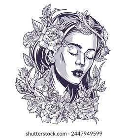 Suffering woman vintage flyer monochrome with prickly flowers entwining girl face and causing pain due to sharp thorns vector illustration