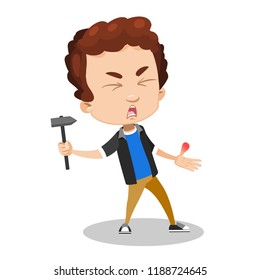 Suffering young boy with injured thumb. Hammer striking on hand. Afflicted child personage with broken thumb. Children traumatology concept. Childcare and health problems isolated vector illustration.