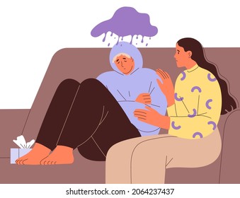 Suffering young man on couch and compassionate woman