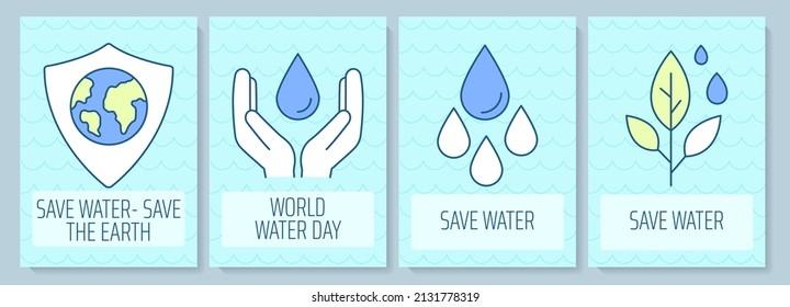 Sufficient water consumption greeting cards with color icon element set. Save water. Postcard vector design. Decorative flyer with creative illustration. Notecard with congratulatory message on blue