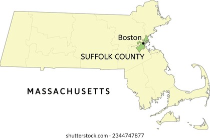 Ubicación del condado de Suffolk y la ciudad de Boston en el mapa estatal de Massachusetts