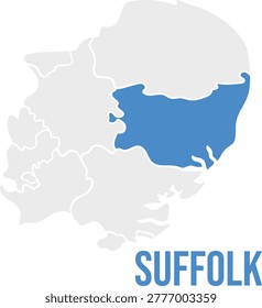 Suffolk county highlighted in East of England region map, simplified flat design, blue and grey isolated design, labeled	