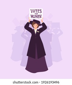 Una mujer sufragista con un abrigo y un sombrero lidera a la multitud con un afiche de los "Derechos de la Mujer" de los años 20. La cinta es blanca, verde y violeta. Solidaridad y fuerza. Ilustración plana vectorial.