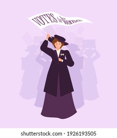 Una mujer sufragista con un abrigo y un sombrero lidera a la multitud con un afiche de los "Derechos de la Mujer" de los años 20. La cinta es blanca, verde y violeta. Solidaridad y fuerza. Ilustración plana vectorial.