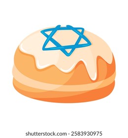 Sufganiya donut with star of David. Hand drawn trendy flat style isolated icon. Jewish traditional dessert Hanukkah. Israel during the holidays. Vector illustration