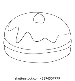 Sufganiyah doughnut traditional Hanukkah dish. Happy Hanukkah Illustration. Coloring page. Line Art.