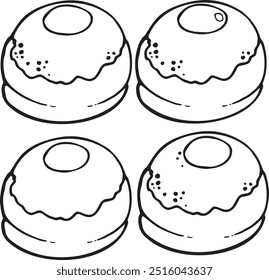 Sufganiyah (Rosca Geleia Chanucá) - Ilustração Vetorial Desenhada À Mão Em Preto E Branco, Formato EPS, Alta Qualidade