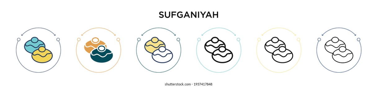 Icono de Sufganiyah en estilo relleno, delgado, contorno y trazo. Ilustración vectorial de dos iconos vectoriales de suganiyah de color y negro se pueden utilizar para móviles, ui, web