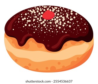 Sufganiyah – Jewish Traditional Hanukkah Holiday Fried Pastry. Chocolate Glazed Jelly Doughnut