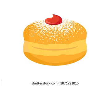 Sufganiyah round jelly doughnut with powdered sugar icon vector. Hanukkah donut vector. Hanukkah jelly doughnut icon isolated on a white background. Traditional donut with jam and icing sugar clip art
