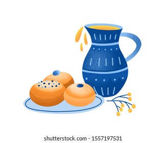 Sufganiyah vector illustration. Jewish jelly donuts and jug of olive oil. Hanukkah traditional treats isolated on white background. Hebrew pastry food. Religious holiday meal. Happy Hanukkah.