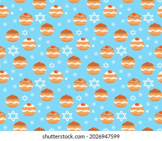 Sufganiyot seamless pattern. Jewish donut seamless texture, traditional dessert on the holiday of Hanukkah background. Jewish donut pattern. Vector illustration