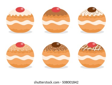 Sufganiyot set. Jewish donut set. Jewish traditional dessert on the holiday of Hanukkah. Vector illustration