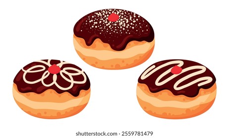 Sufganiyot. Set of Jewish Traditional Hanukkah Holiday Fried Pastry. Chocolate Glazed Jelly Doughnuts