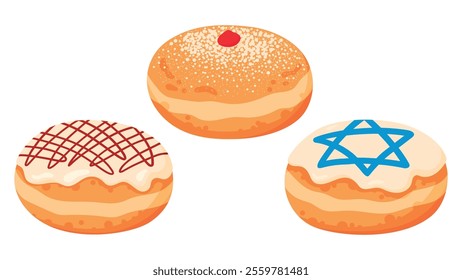 Sufganiyot. Set of Jewish Traditional Hanukkah Holiday Fried Pastry. Sugar Powdered and Glazed Jelly Doughnuts