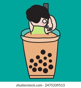 A Sugar Addicted Young Woman Hugging A Bubble Milk Tea Straw Concept Card Character illustration