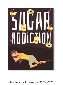 Sugar addiction banner or poster design with woman sleeps dreaming of sweets, flat vector illustration. Health problem due to overdose glucose consumption.