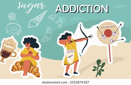 Sugar addiction composition with collage of doodle female character,shooting arrows from a bow at his immune system, heart attack, sitting on a croissant, vector hand drawn illustration.